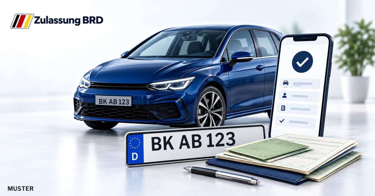 Online Fahrzeugzulassung in Schwäbisch Hall: Musterkennzeichen BK AB 123, Auto und Fahrzeugpapiere und Smartphone. Illustration mit Logo von Zulassung BRD.